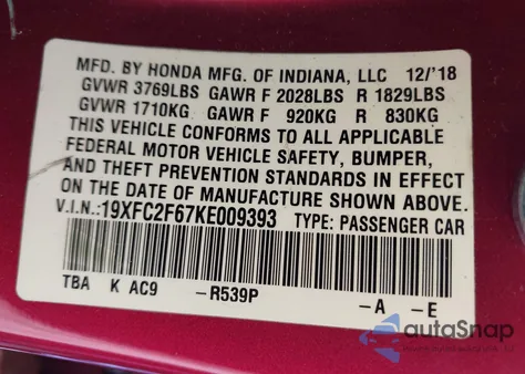 2019 Honda Civic Lx z USA, uszkodzony, nr VIN 19XFC2F67KE009393